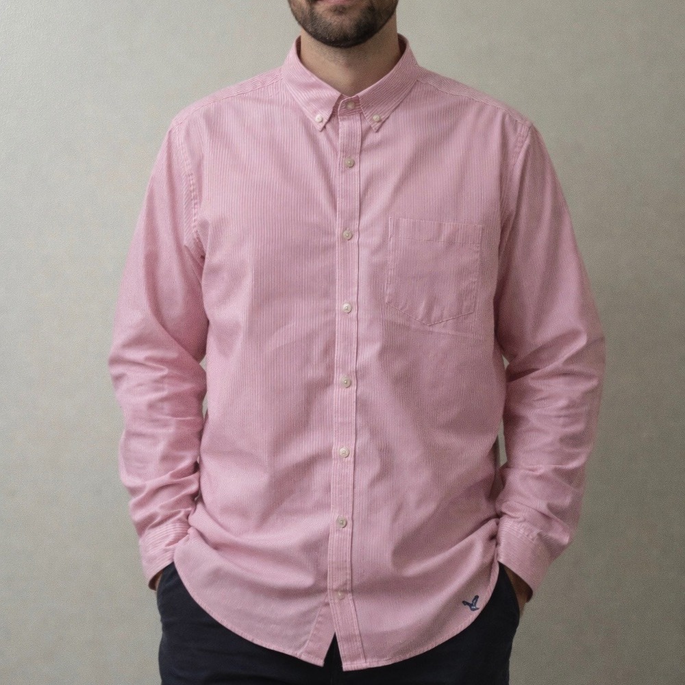 American Eagle Men's Oxford Button Up Shirt XXL Pink White Striped Logo LS